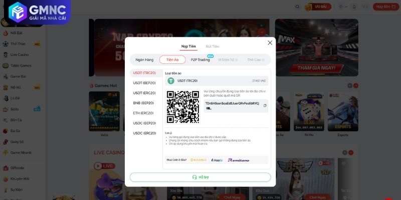 Nạp tiền Crypto nhận ưu đãi MAX88 qua mạng BEP20 và TRC20